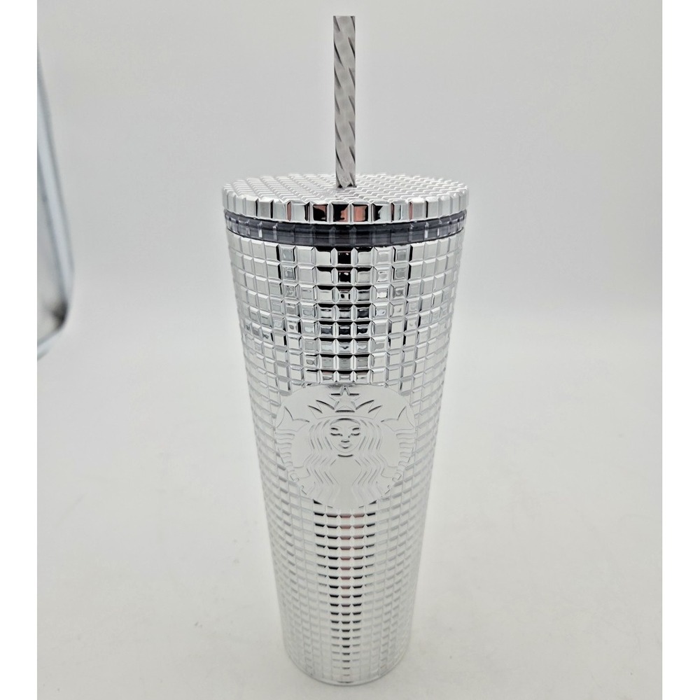 Starbucks 2023 Holiday Silver Chrome Grid Studded Tumbler Venti 24oz Straw Lid